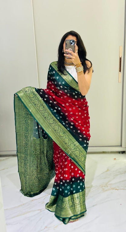 Kanjivaram Bandhani Cotton Silk Saree with Zari Border – Colour Edit