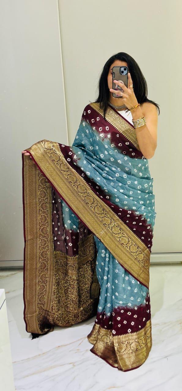 Kanjivaram Bandhani Cotton Silk Saree with Zari Border – Colour Edit