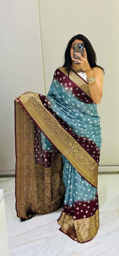 Kanjivaram Bandhani Cotton Silk Saree with Zari Border – Colour Edit