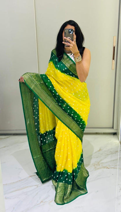 Kanjivaram Bandhani Cotton Silk Saree with Zari Border – Colour Edit