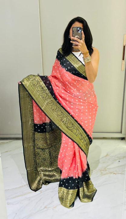 Kanjivaram Bandhani Cotton Silk Saree with Zari Border – Colour Edit