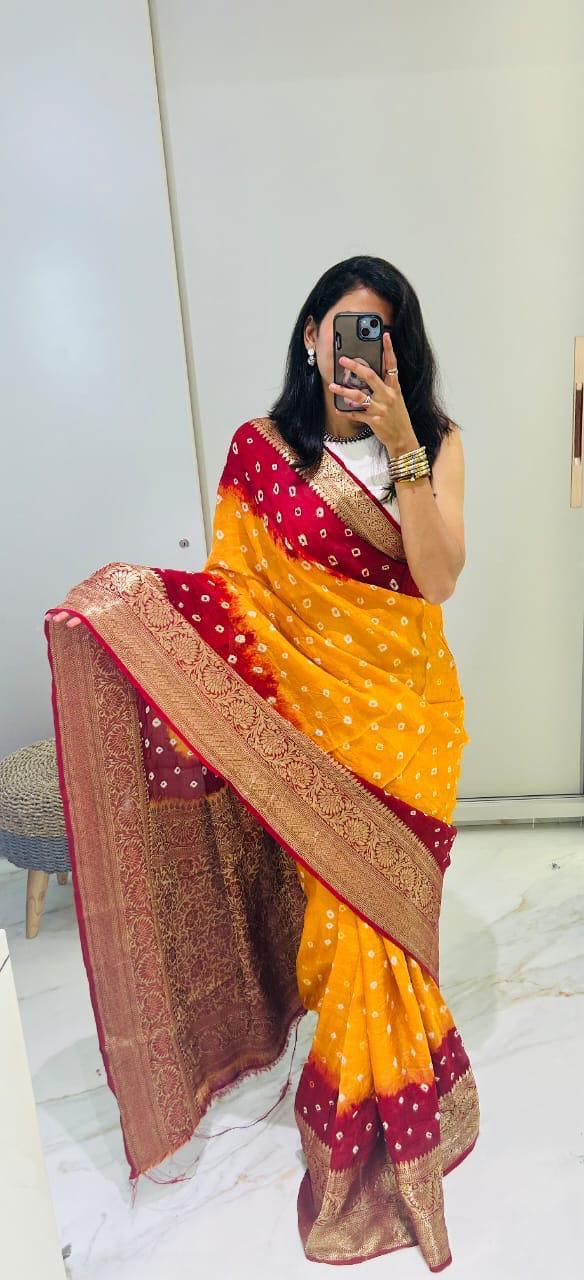 Kanjivaram Bandhani Cotton Silk Saree with Zari Border – Colour Edit