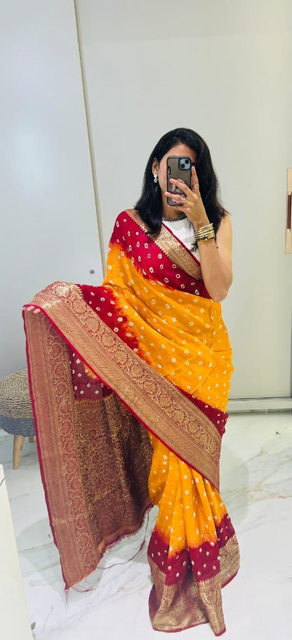 Kanjivaram Bandhani Cotton Silk Saree with Zari Border – Colour Edit