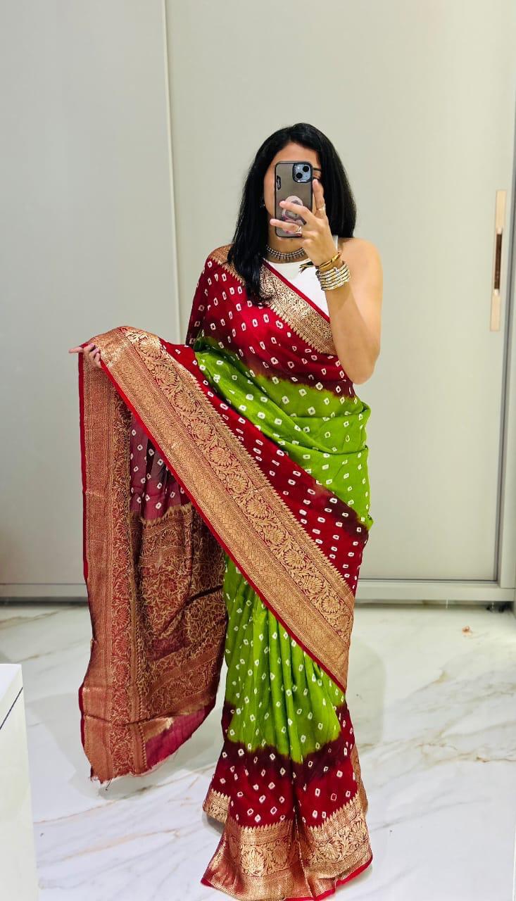 Kanjivaram Bandhani Cotton Silk Saree with Zari Border – Colour Edit