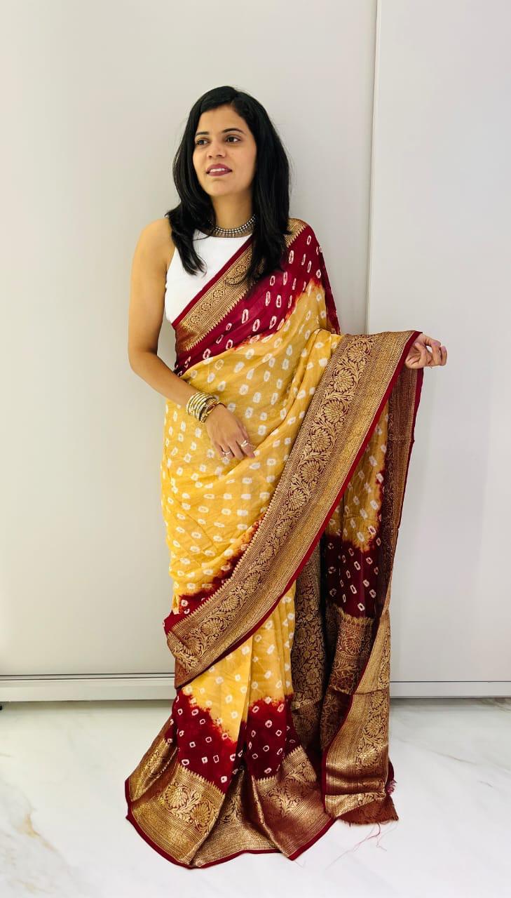 Kanjivaram Bandhani Cotton Silk Saree with Zari Border – Colour Edit