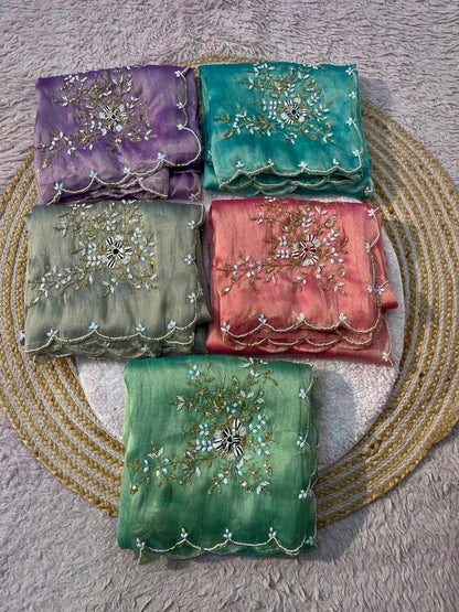 Gabbana Satin Tissue Saree with Butta Pallu & Khatli Border