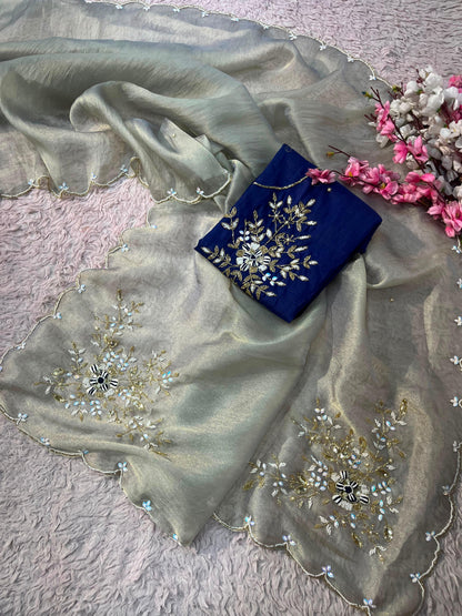 Gabbana Satin Tissue Saree with Butta Pallu & Khatli Border
