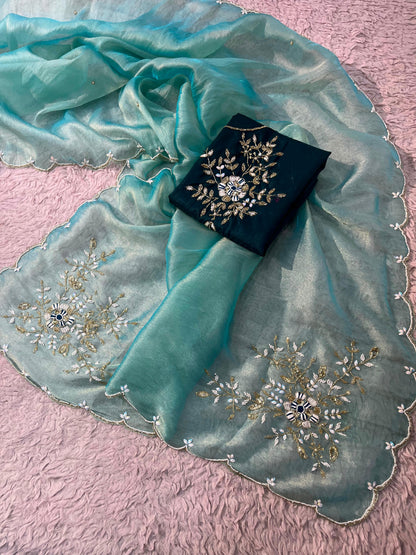 Gabbana Satin Tissue Saree with Butta Pallu & Khatli Border