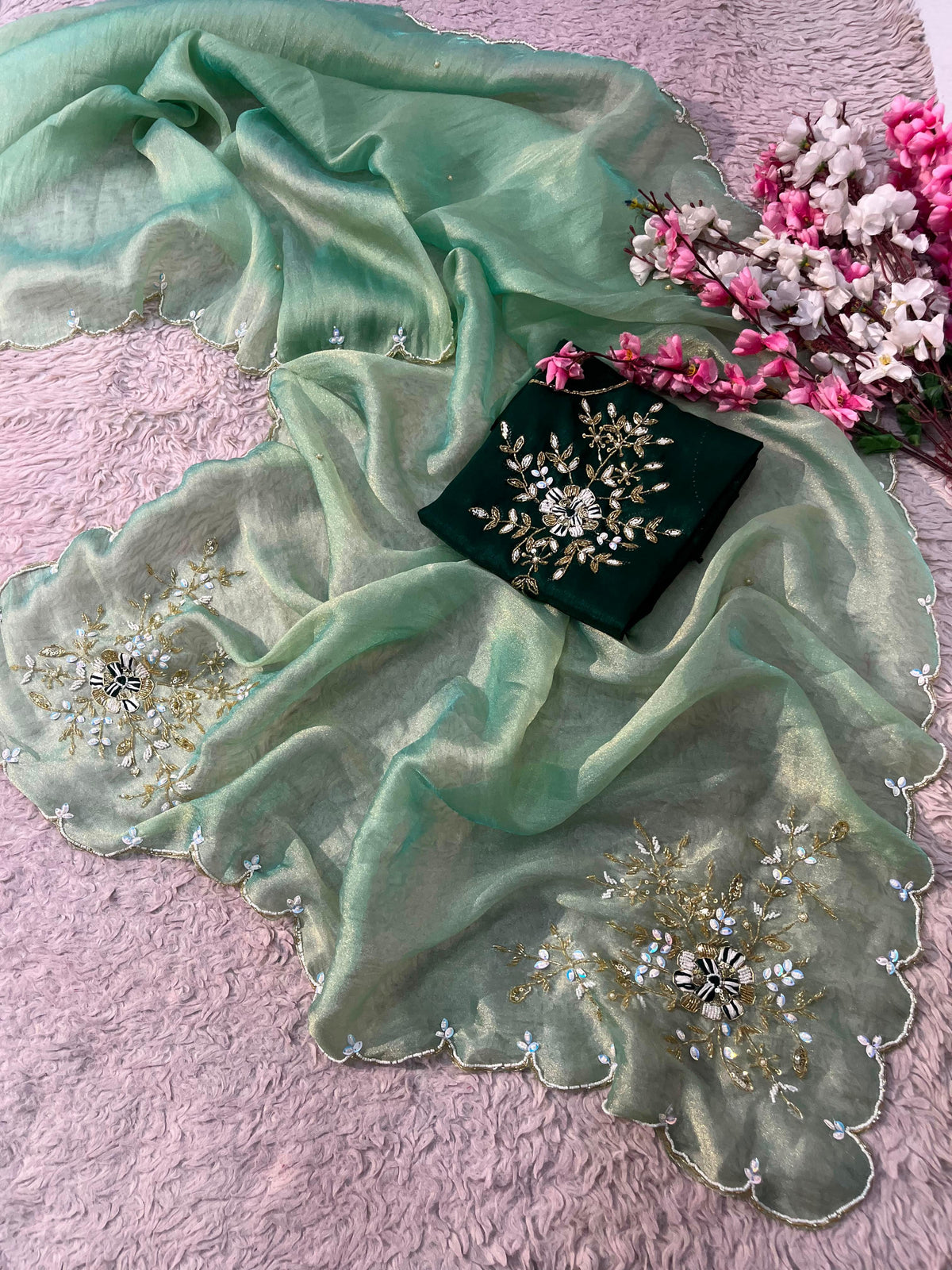 Gabbana Satin Tissue Saree with Butta Pallu & Khatli Border