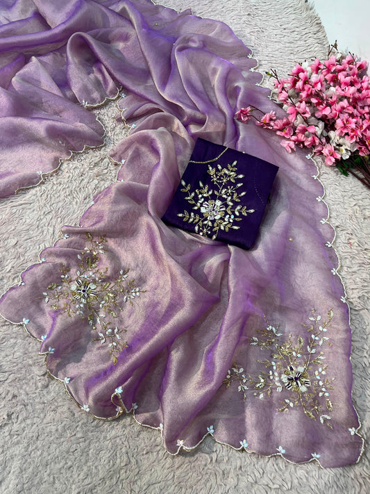 Gabbana Satin Tissue Saree with Butta Pallu & Khatli Border