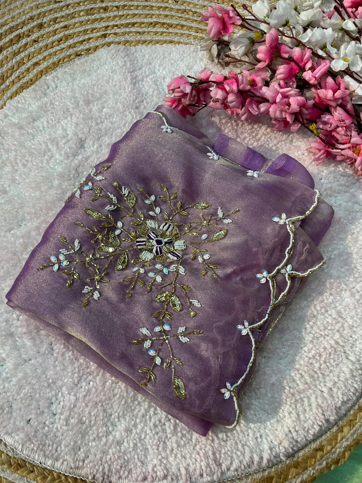 Gabbana Satin Tissue Saree with Butta Pallu & Khatli Border
