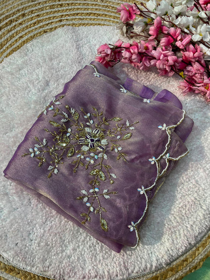 Gabbana Satin Tissue Saree with Butta Pallu & Khatli Border