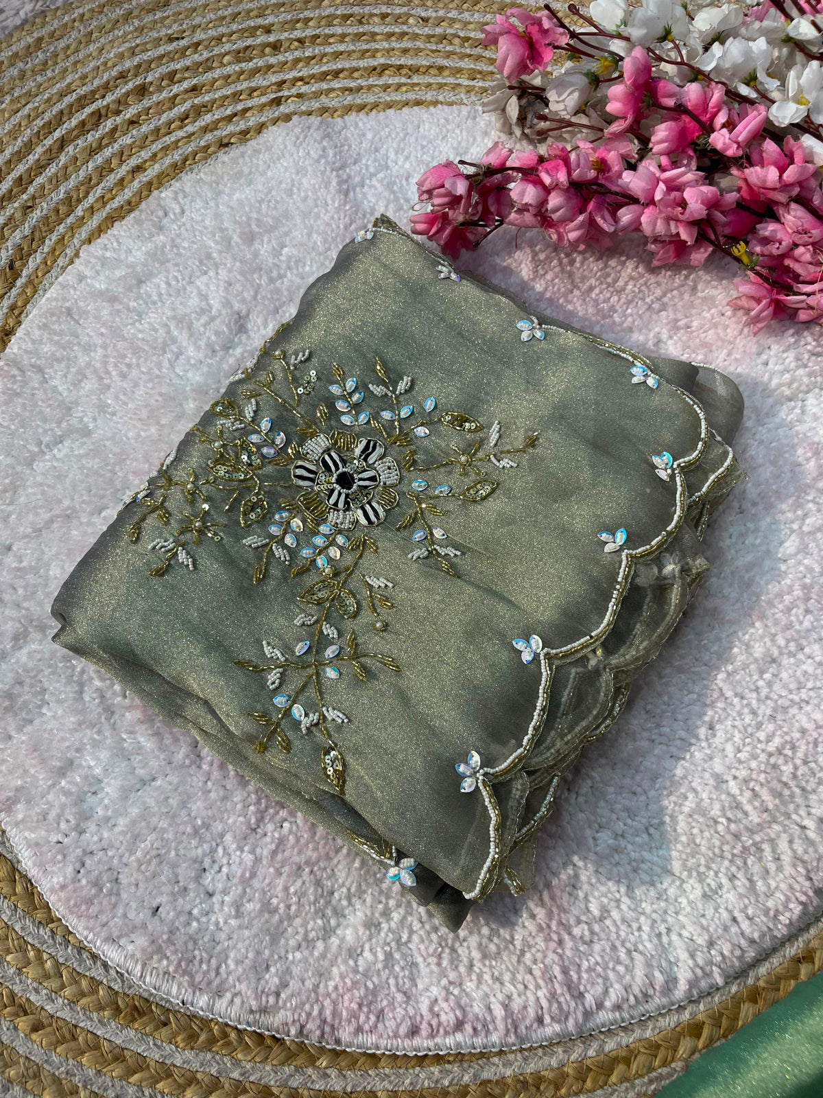 Gabbana Satin Tissue Saree with Butta Pallu & Khatli Border