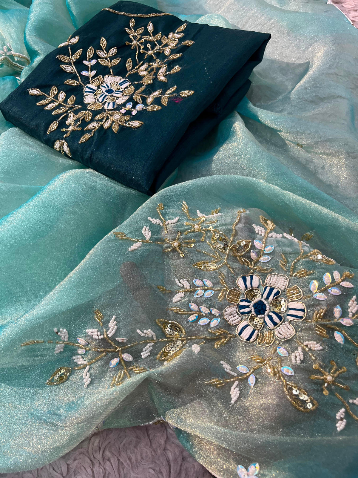 Gabbana Satin Tissue Saree with Butta Pallu & Khatli Border