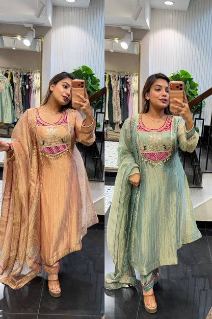 A-Line Salsa Silk Suit Set with Embroidered Yoke