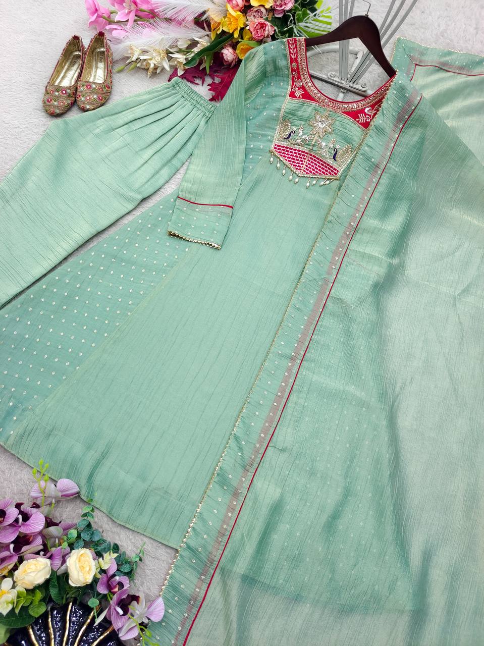 A-Line Salsa Silk Suit Set with Embroidered Yoke
