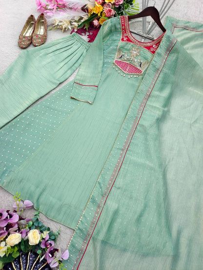 A-Line Salsa Silk Suit Set with Embroidered Yoke