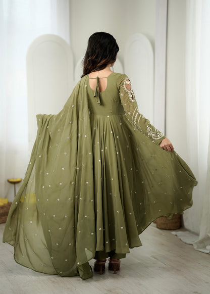 Back view of mehendi green Anarkali gown showing keyhole tie-back and sleeve detail