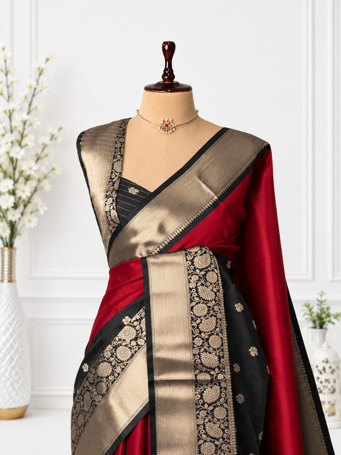 A black and deep red silk saree with intricate gold zari brocade work, displayed on a mannequin torso with a matching gold necklace.