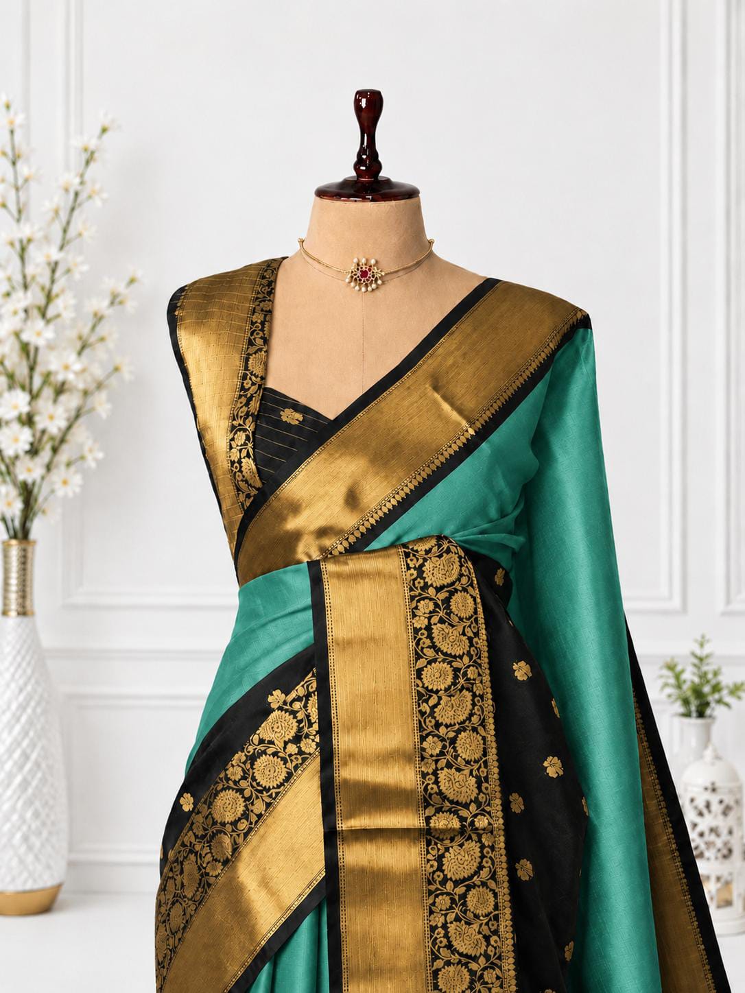 A teal and black silk saree with intricate gold zari embroidery, displayed on a mannequin torso with a matching black blouse. The background is a clean white paneled wall with decorative white vases.
