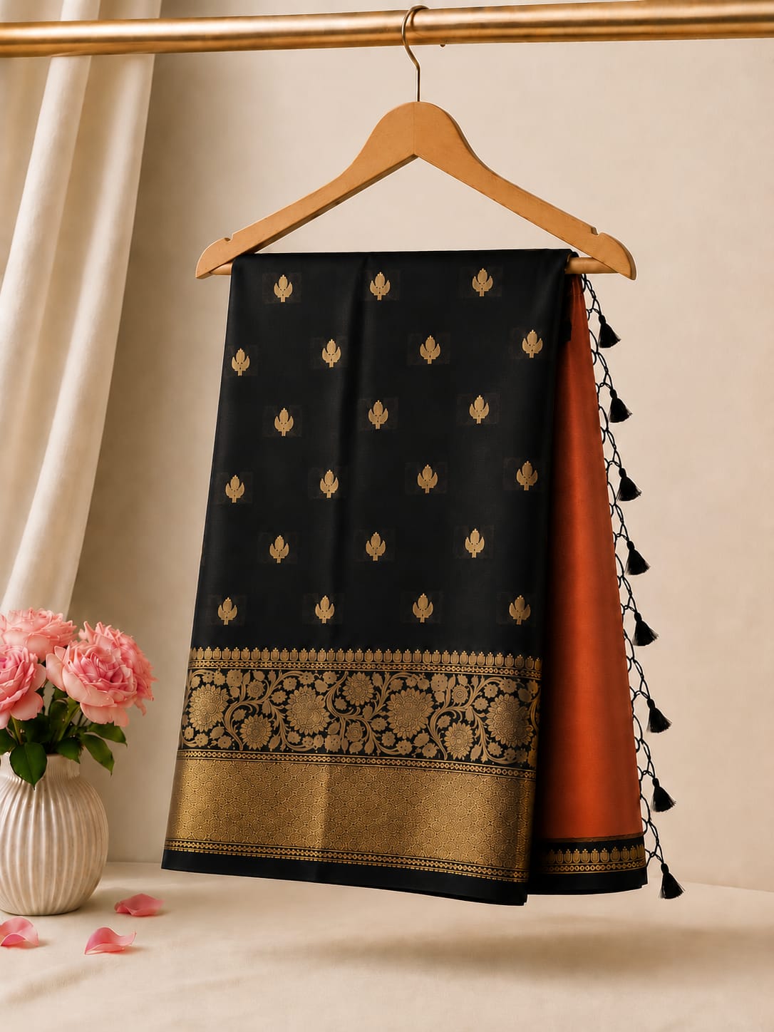A black and orange saree draped on a wooden hanger, featuring gold zari motifs, a detailed gold border, and black tassels on the edge, set against a warm beige background with a vase of pink roses.