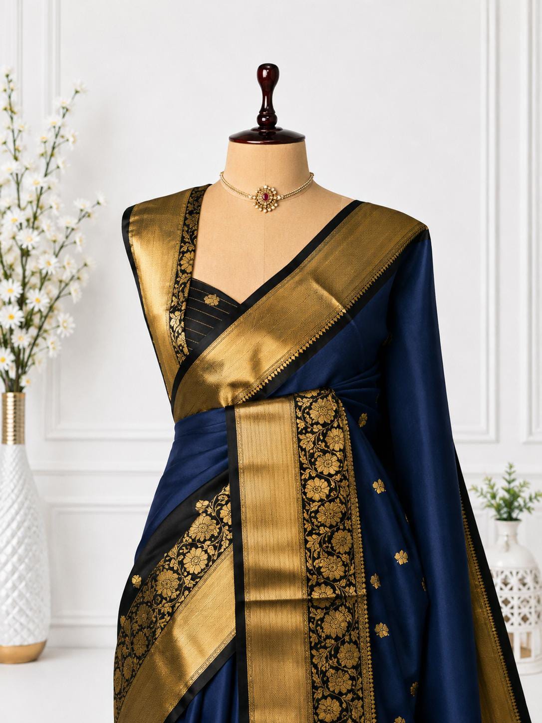 A navy blue silk saree with a wide gold border and floral zari embroidery, displayed on a mannequin with a matching black and gold blouse, set against a white paneled wall with decorative vases.