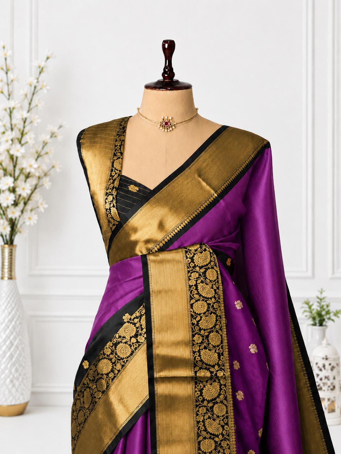 A purple silk saree with a wide gold and black zari border, draped on a mannequin torso. The blouse is black with gold embroidery, and the setting includes a decorative white wall, a vase of white flowers, and a small potted plant.