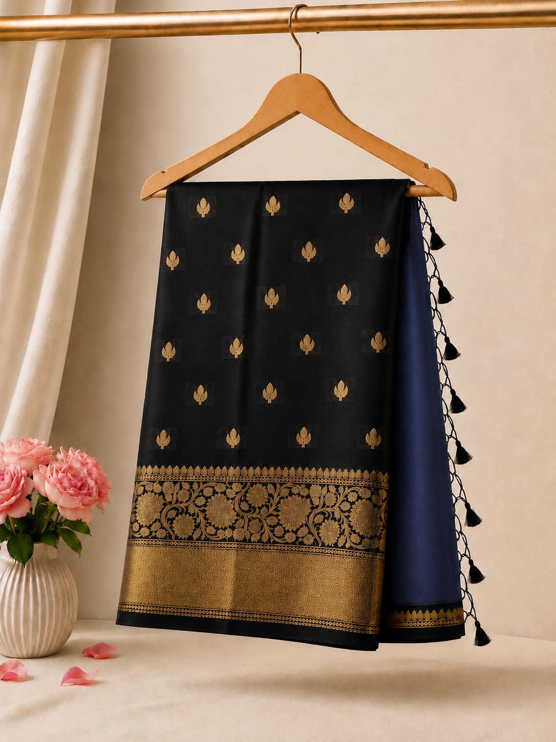 A black and navy blue silk saree draped on a wooden hanger, featuring gold zari embroidery, a decorative border, and black tassels, set against a warm beige background with a vase of pink roses.