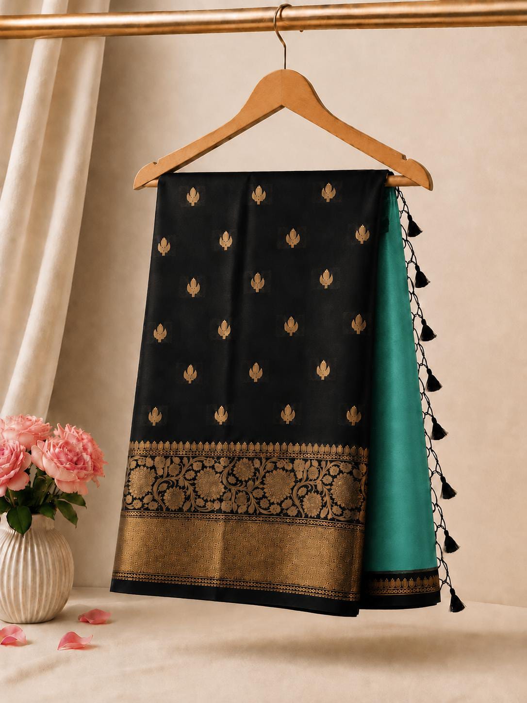 A black and teal silk saree draped elegantly on a wooden hanger, featuring gold zari embroidery, a decorative border, and black tassels, set against a warm beige background with a vase of pink roses.