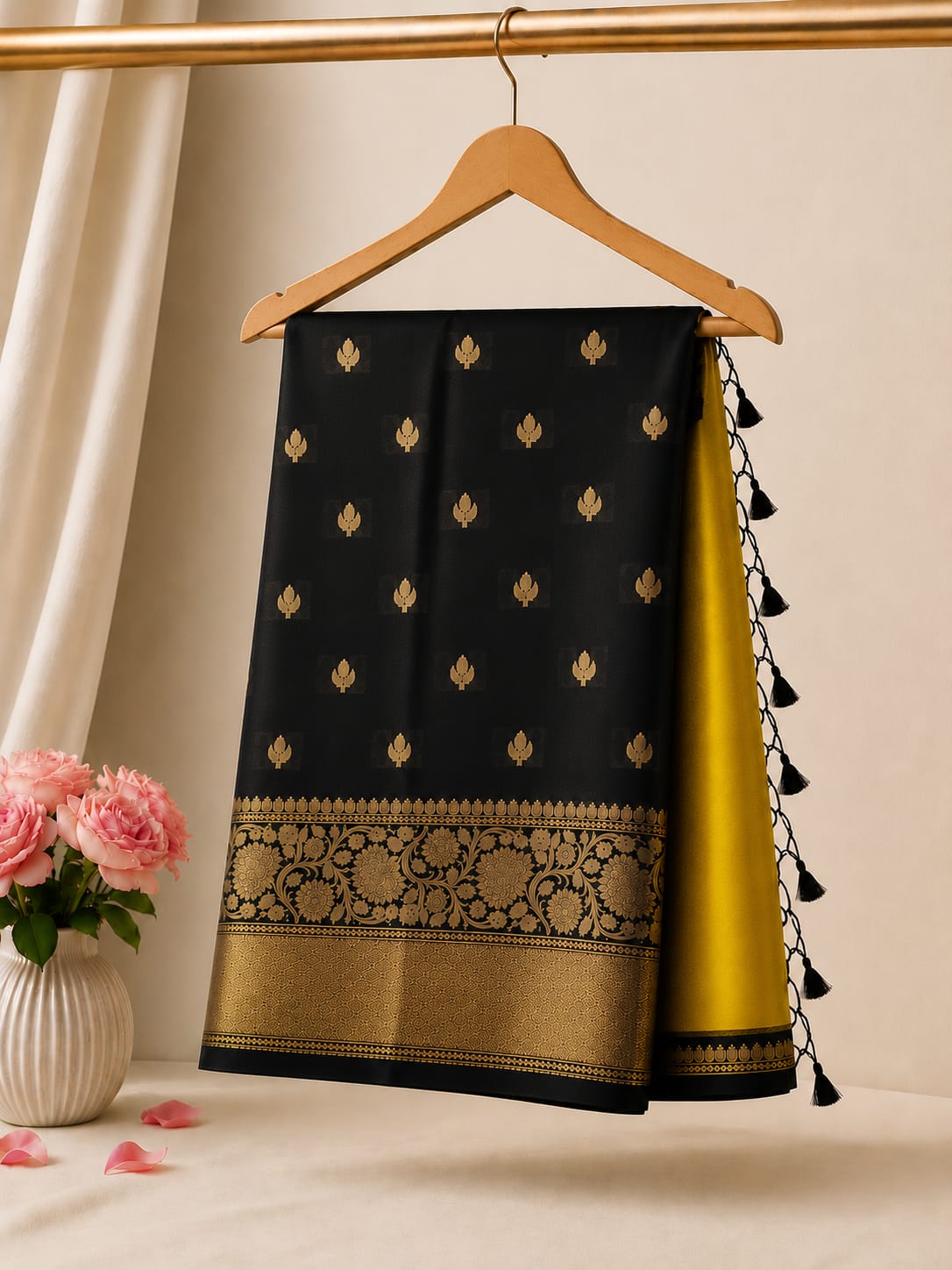 A black and gold saree draped elegantly on a wooden hanger, with a bright yellow side panel and black tassels, set against a warm beige background with a vase of pink roses.