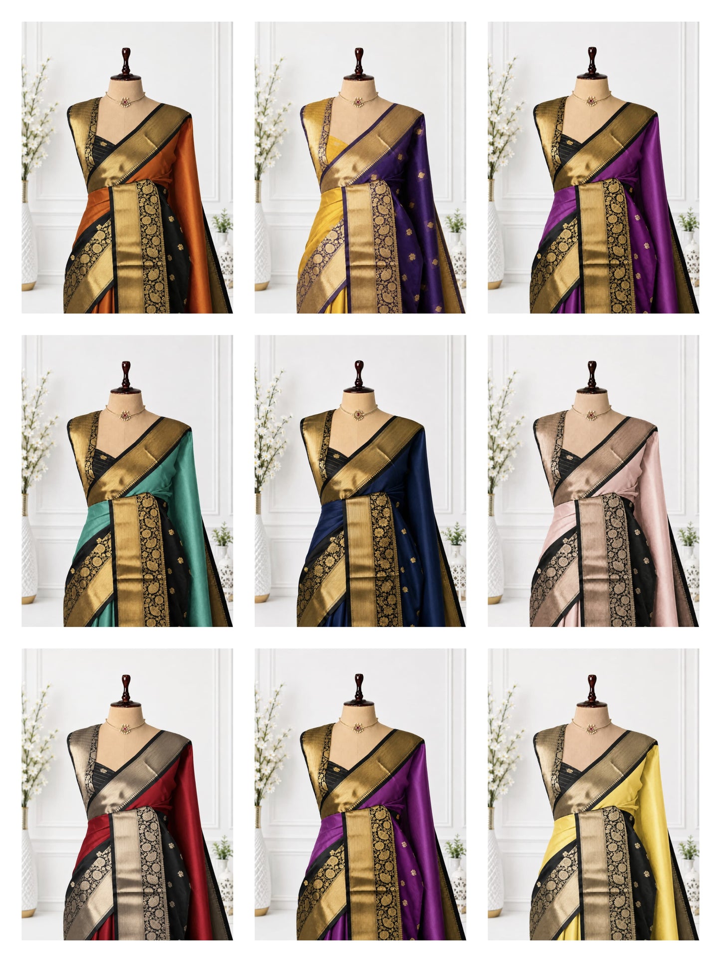 A 3x3 grid showing nine mannequins wearing traditional Indian sarees in different colors, including orange, purple, yellow, teal, navy, pink, red, and yellow. Each saree features a black border with gold zari embroidery.