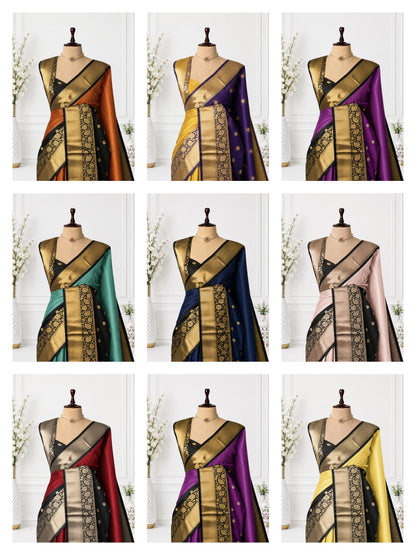 A 3x3 grid showing nine mannequins wearing traditional Indian sarees in different colors, including orange, purple, yellow, teal, navy, pink, red, and yellow. Each saree features a black border with gold zari embroidery.