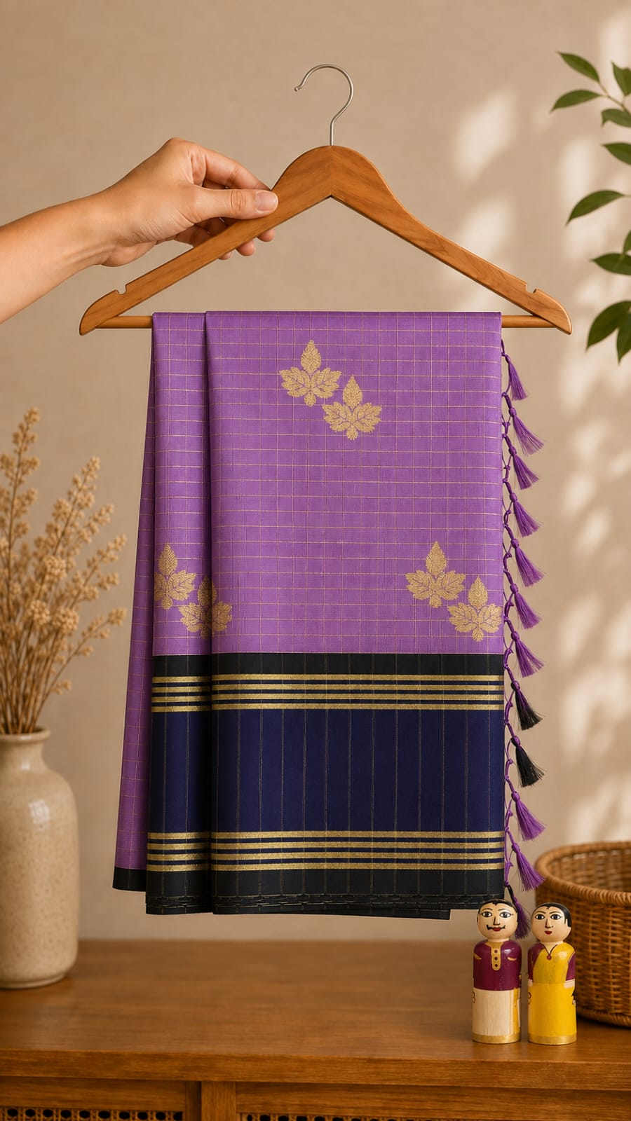 Purple Banarasi semi katan silk saree with zari border and mango booti motif