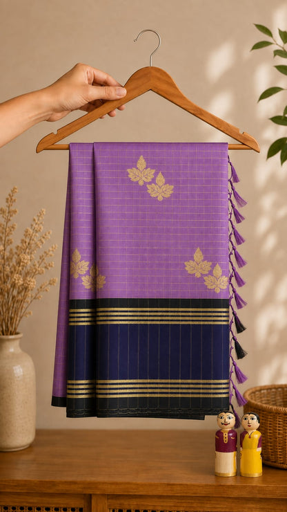 Purple Banarasi semi katan silk saree with zari border and mango booti motif