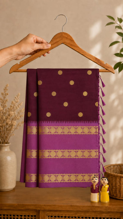 Maroon Banarasi semi katan silk saree with mauve zari border and mango booti motif