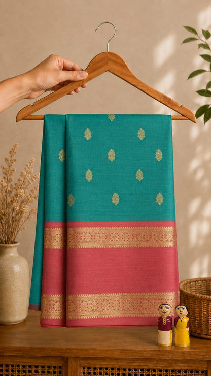 Blue Banarasi semi katan silk saree with gold floral motifs and zari border