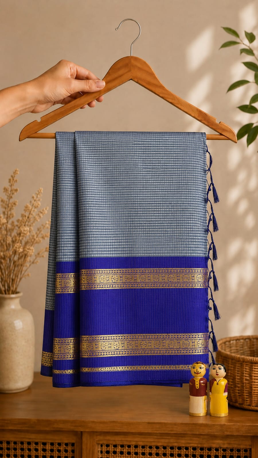 Mehendi green checked Banarasi semi katan silk saree with purple zari border