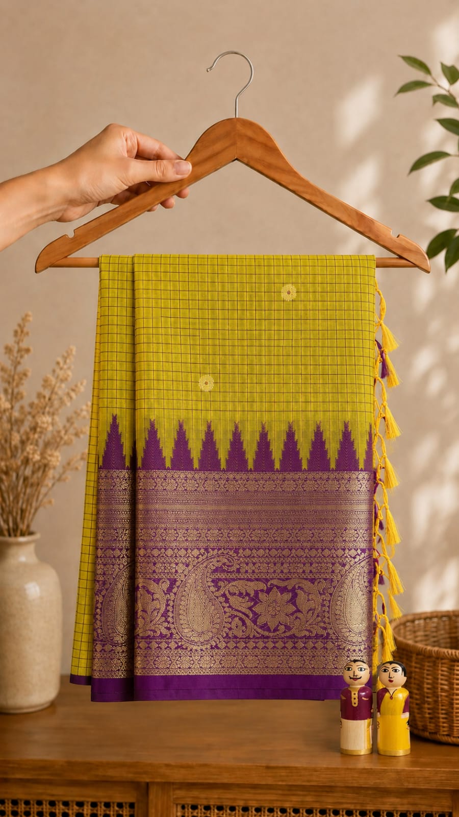 Pure white Banarasi semi katan silk saree with purple and gold zari border