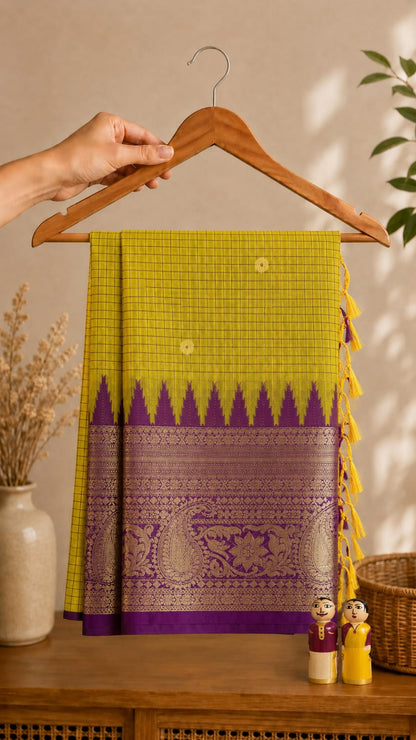 Pure white Banarasi semi katan silk saree with purple and gold zari border