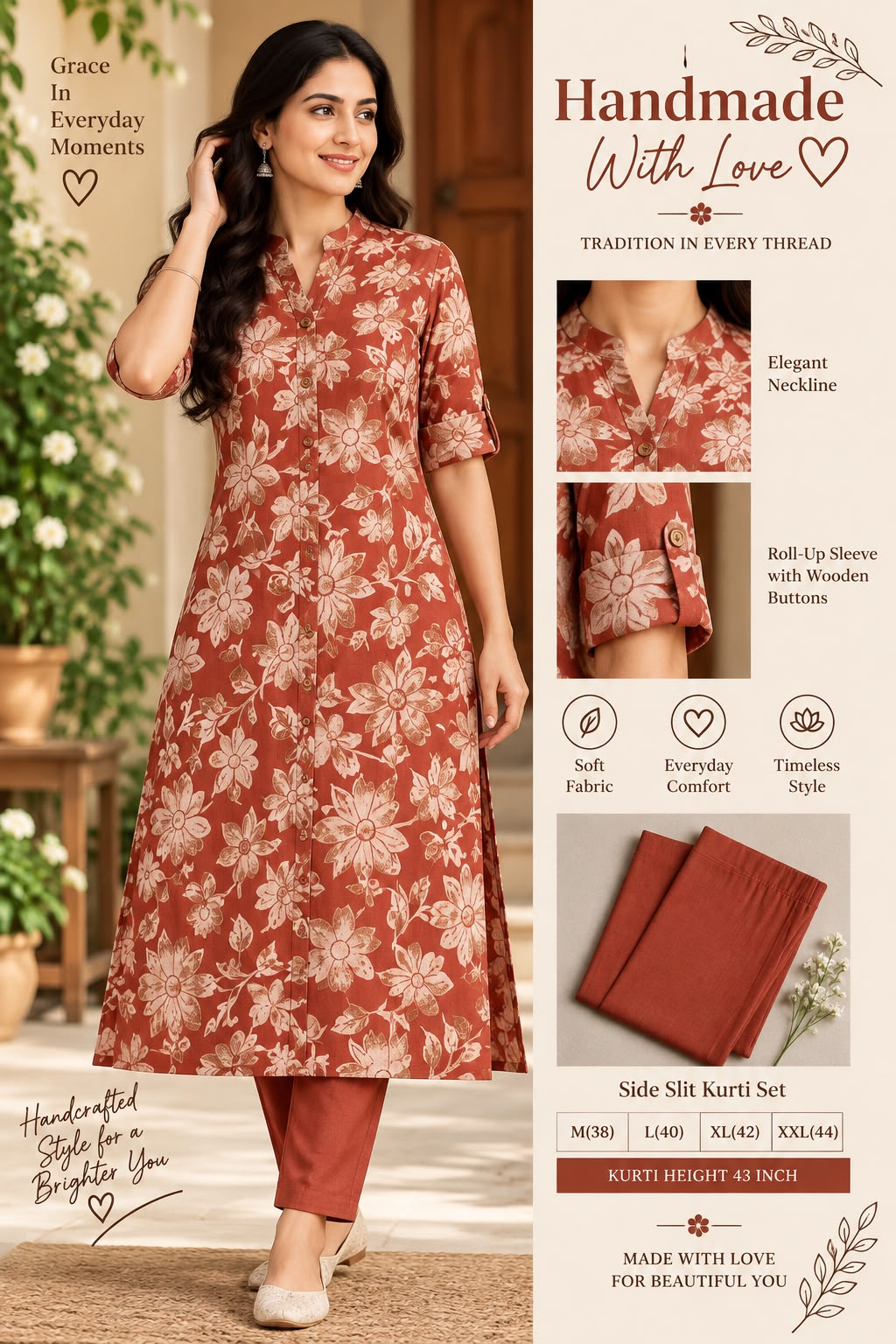 Textured Cotton Side Slit Kurti Set