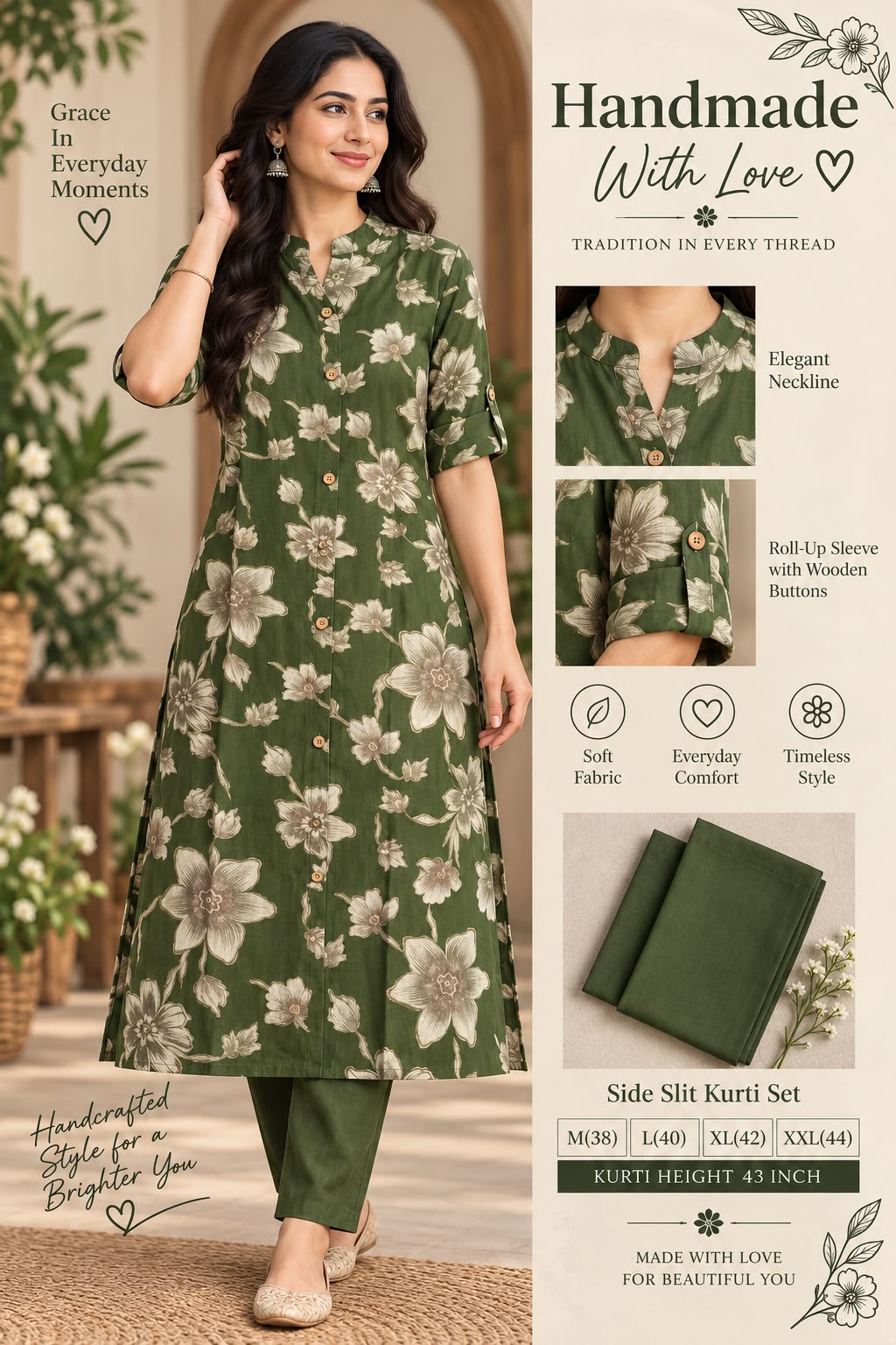Textured Cotton Side Slit Kurti Set