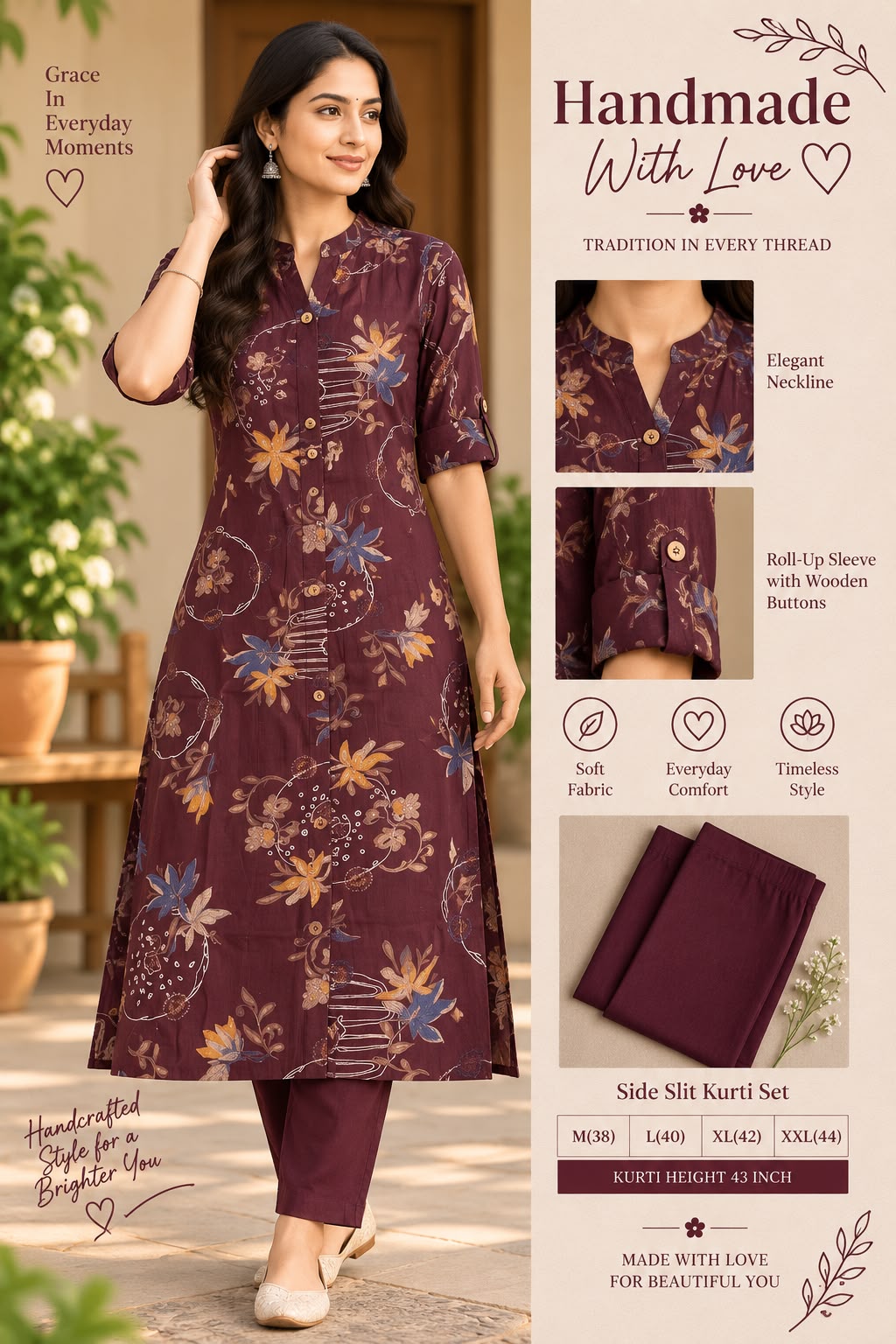Textured Cotton Side Slit Kurti Set