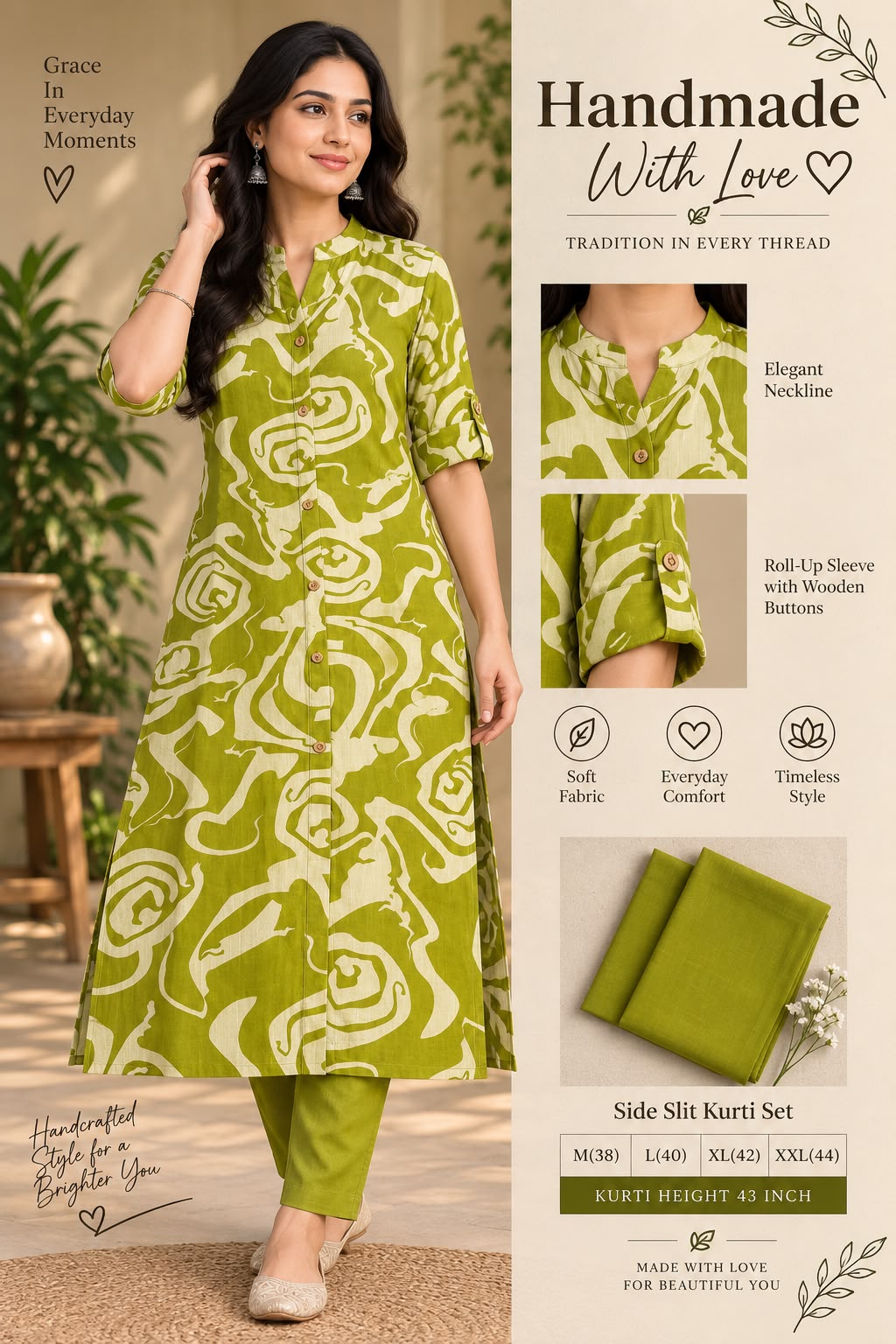 Textured Cotton Side Slit Kurti Set