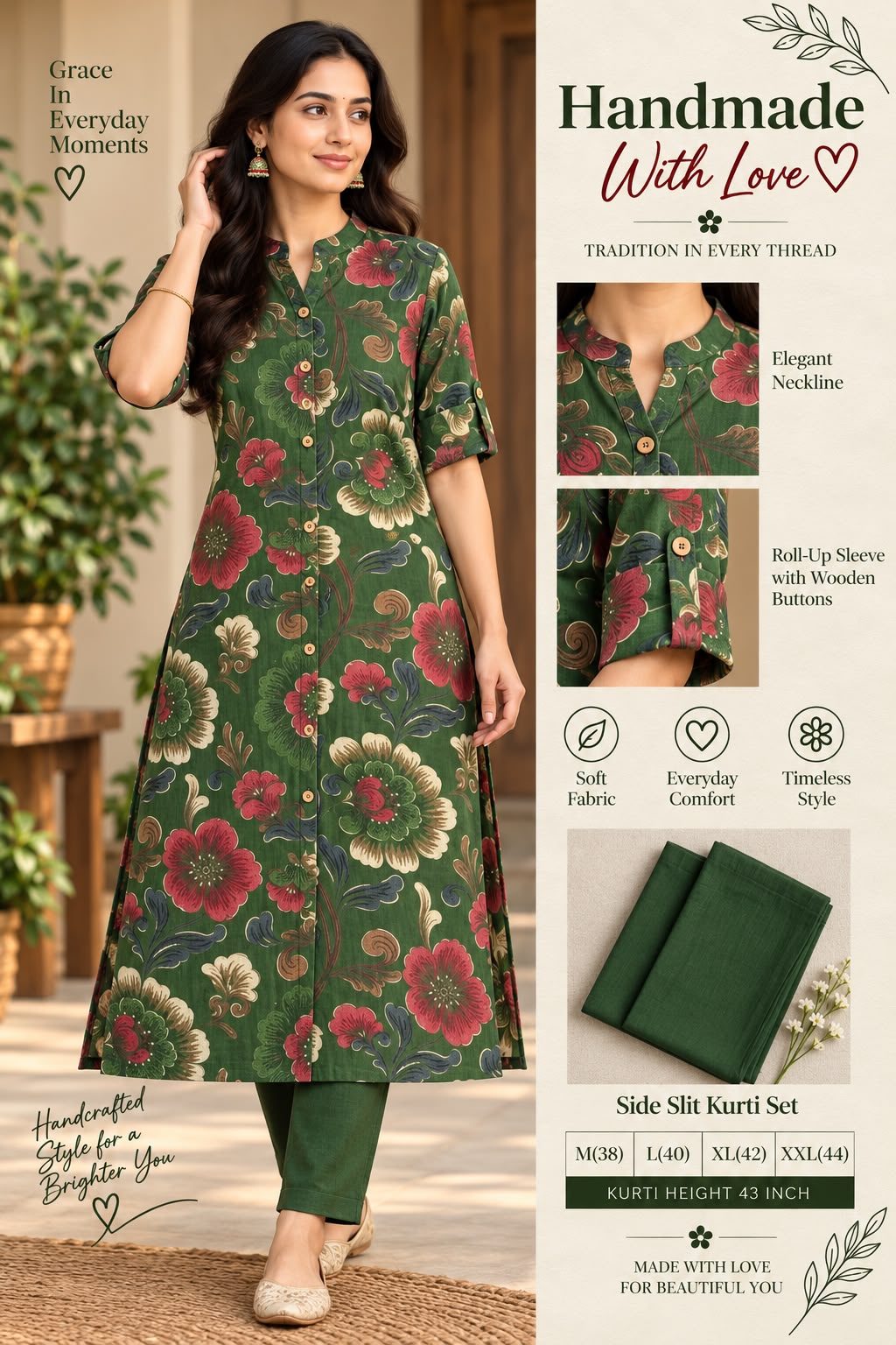 Textured Cotton Side Slit Kurti Set