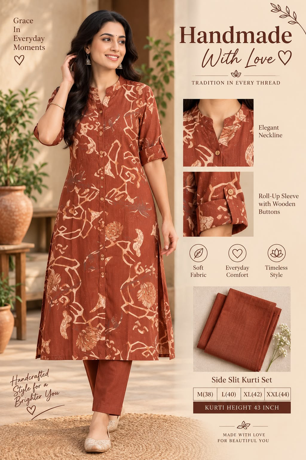 Textured Cotton Side Slit Kurti Set