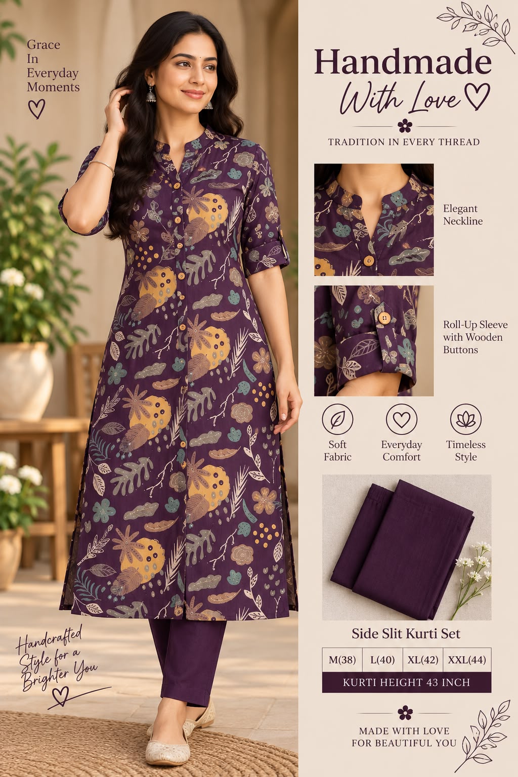 Textured Cotton Side Slit Kurti Set