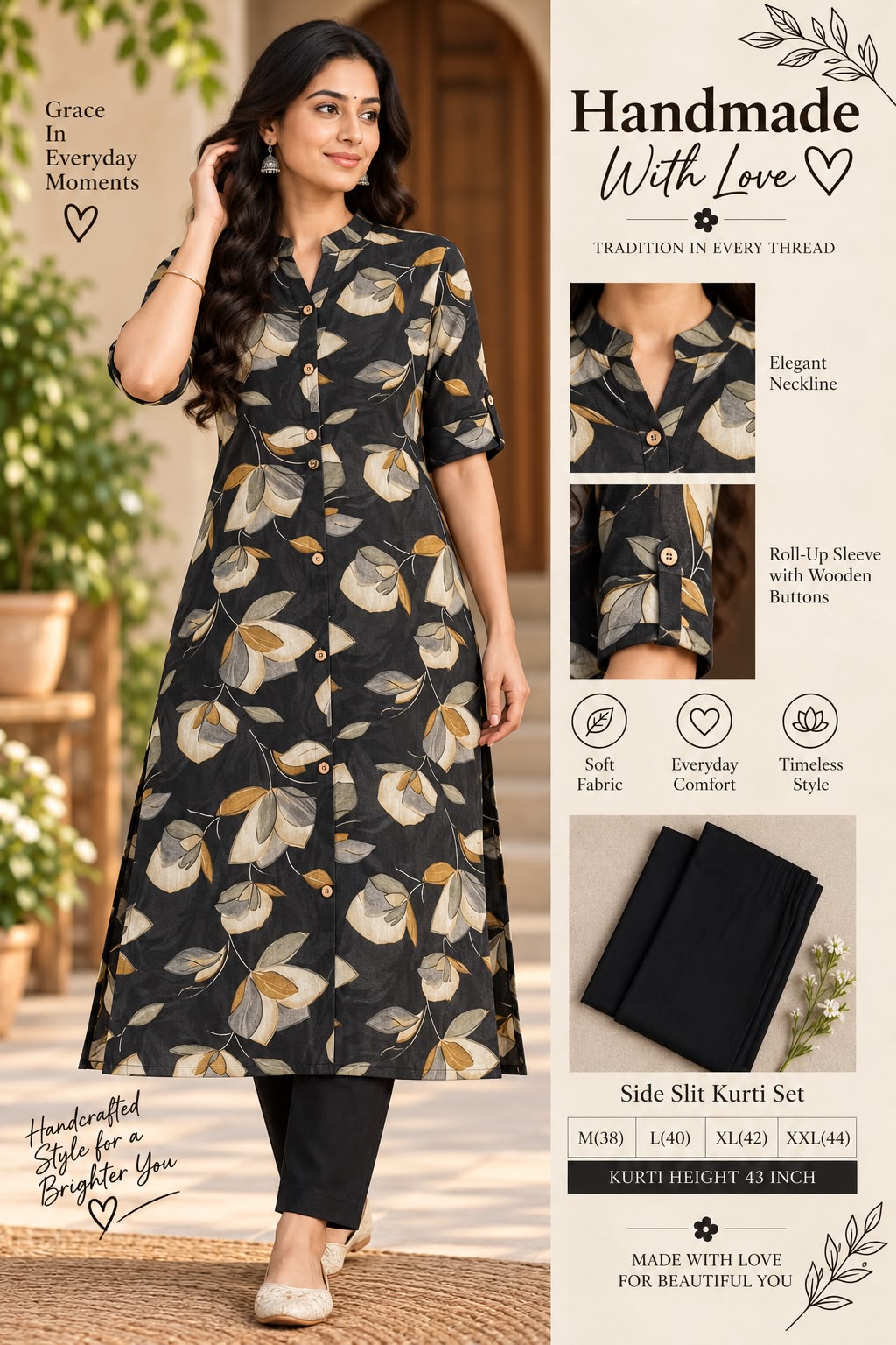 Textured Cotton Side Slit Kurti Set