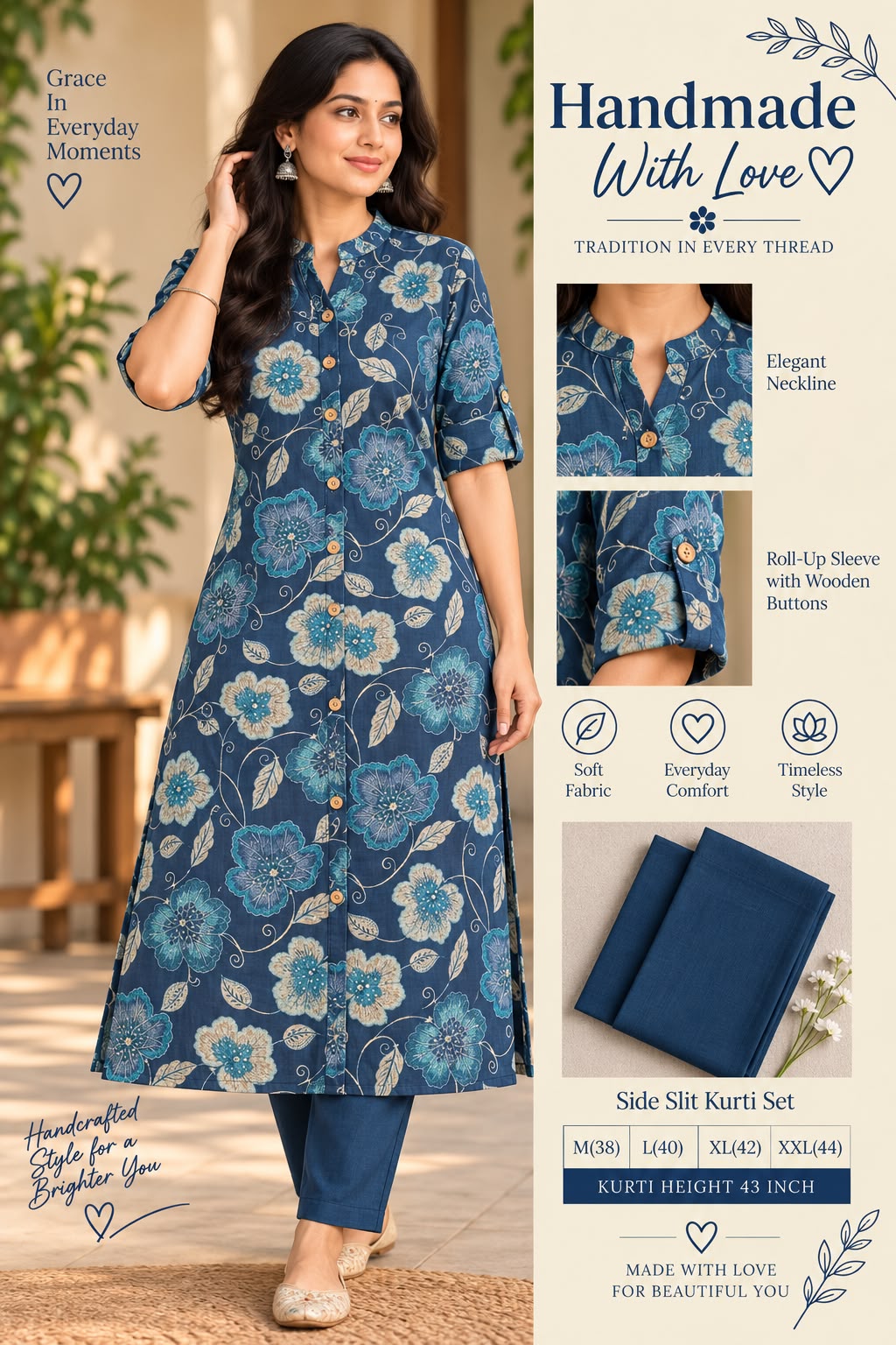 Textured Cotton Side Slit Kurti Set