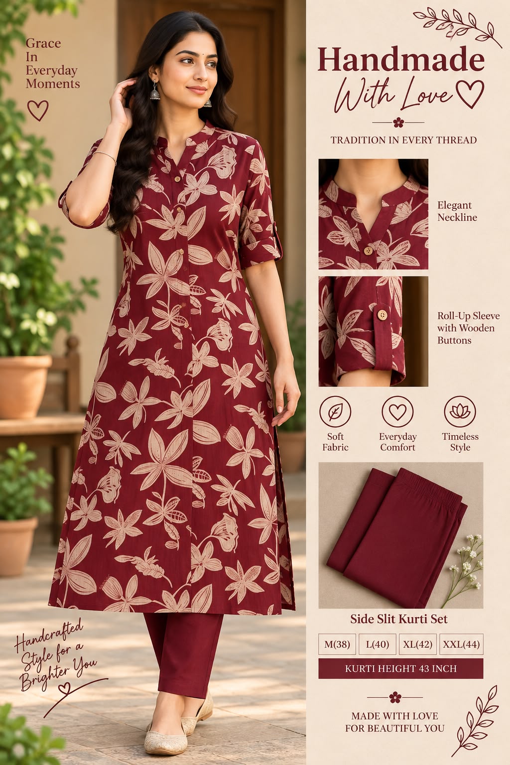 Textured Cotton Side Slit Kurti Set