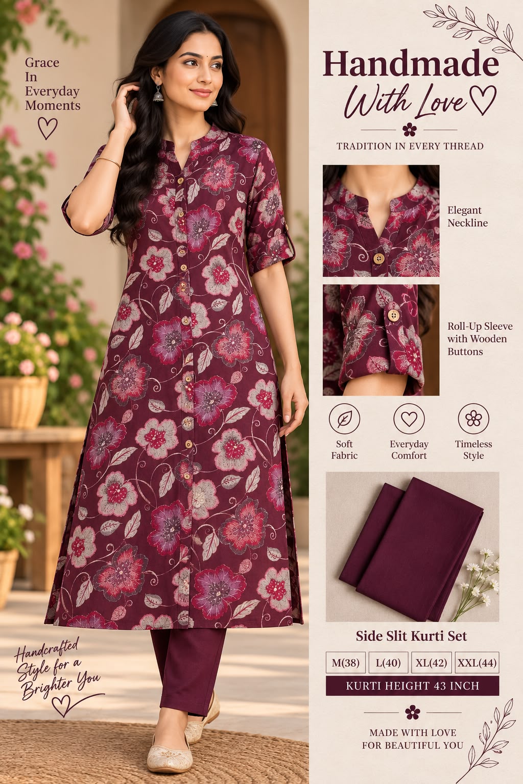 Textured Cotton Side Slit Kurti Set